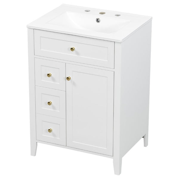 English Elm 24 Inch Freestanding Bathroom Vanity with Ceramic Sink Soft Close Cabinet Gold Handles White N725P452408K