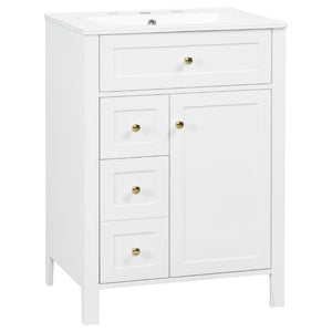English Elm 24 Inch Freestanding Bathroom Vanity with Ceramic Sink Soft Close Cabinet Gold Handles White N725P452408K