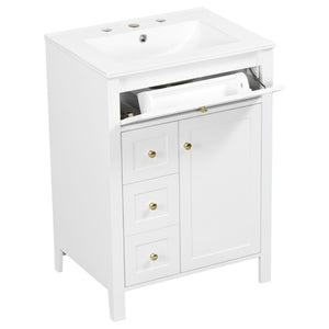 English Elm 24 Inch Freestanding Bathroom Vanity with Ceramic Sink Soft Close Cabinet Gold Handles White N725P452408K