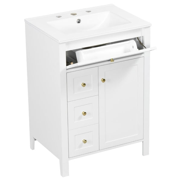 English Elm 24 Inch Freestanding Bathroom Vanity with Ceramic Sink Soft Close Cabinet Gold Handles White N725P452408K
