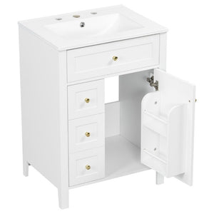 English Elm 24 Inch Freestanding Bathroom Vanity with Ceramic Sink Soft Close Cabinet Gold Handles White N725P452408K