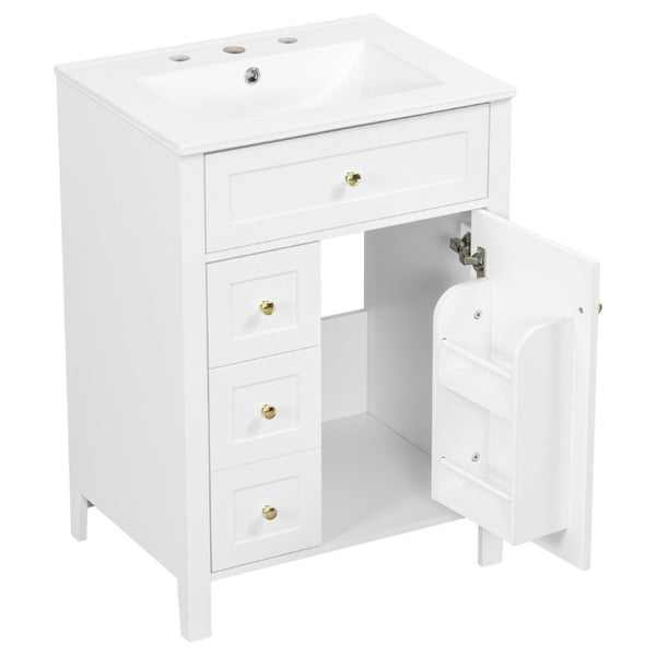 English Elm 24 Inch Freestanding Bathroom Vanity with Ceramic Sink Soft Close Cabinet Gold Handles White N725P452408K