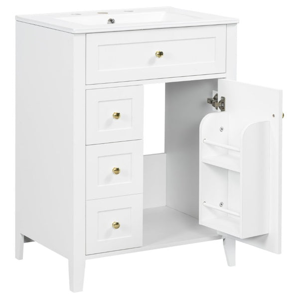 English Elm 24 Inch Freestanding Bathroom Vanity with Ceramic Sink Soft Close Cabinet Gold Handles White N725P452408K