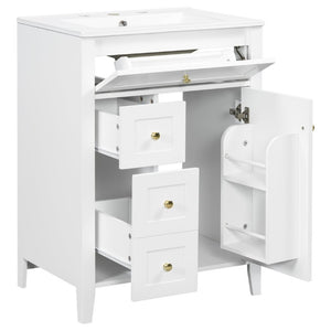 English Elm 24 Inch Freestanding Bathroom Vanity with Ceramic Sink Soft Close Cabinet Gold Handles White N725P452408K