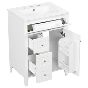 English Elm 24 Inch Freestanding Bathroom Vanity with Ceramic Sink Soft Close Cabinet Gold Handles White N725P452408K