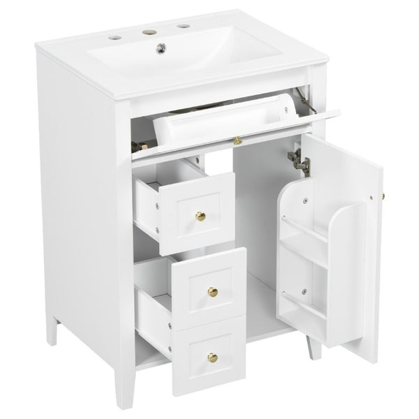 English Elm 24 Inch Freestanding Bathroom Vanity with Ceramic Sink Soft Close Cabinet Gold Handles White N725P452408K