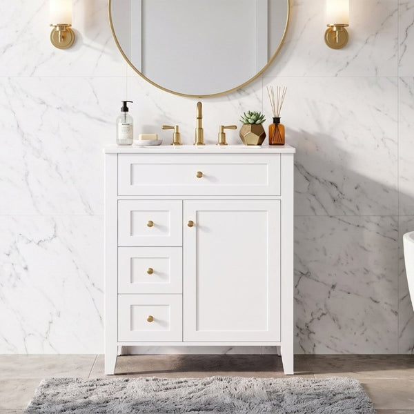 English Elm 24 Inch Freestanding Bathroom Vanity with Ceramic Sink Soft Close Cabinet Gold Handles White N725P452408K