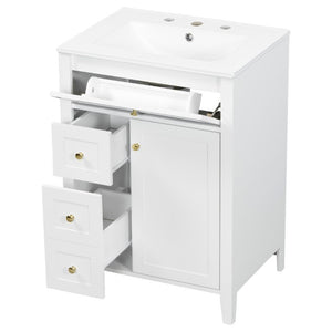English Elm 24 Inch Freestanding Bathroom Vanity with Ceramic Sink Soft Close Cabinet Gold Handles White N725P452408K