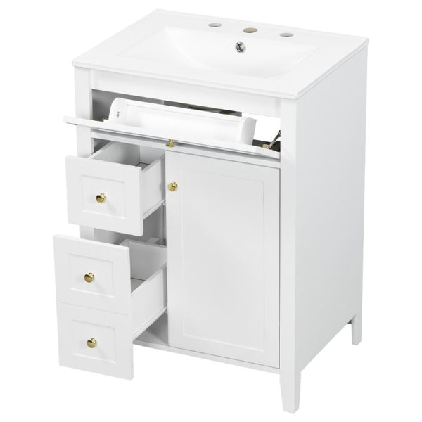English Elm 24 Inch Freestanding Bathroom Vanity with Ceramic Sink Soft Close Cabinet Gold Handles White N725P452408K