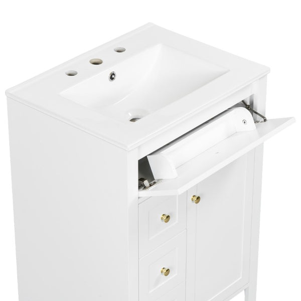 English Elm 24 Inch Freestanding Bathroom Vanity with Ceramic Sink Soft Close Cabinet Gold Handles White N725P452408K
