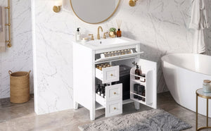 English Elm 24 Inch Freestanding Bathroom Vanity with Ceramic Sink Soft Close Cabinet Gold Handles White N725P452408K