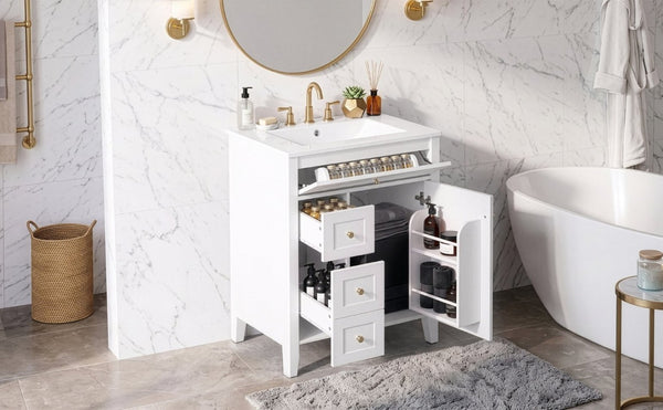 English Elm 24 Inch Freestanding Bathroom Vanity with Ceramic Sink Soft Close Cabinet Gold Handles White N725P452408K