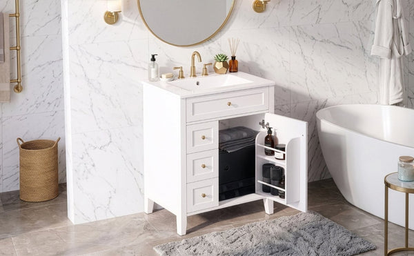 English Elm 24 Inch Freestanding Bathroom Vanity with Ceramic Sink Soft Close Cabinet Gold Handles White N725P452408K