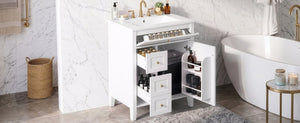 English Elm 24 Inch Freestanding Bathroom Vanity with Ceramic Sink Soft Close Cabinet Gold Handles White N725P452408K