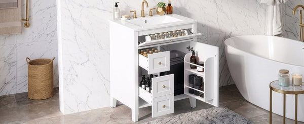 English Elm 24 Inch Freestanding Bathroom Vanity with Ceramic Sink Soft Close Cabinet Gold Handles White N725P452408K