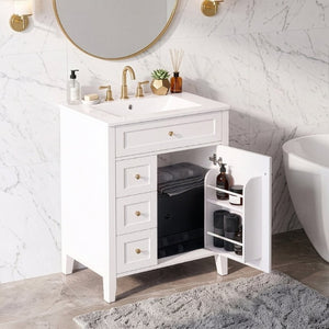 English Elm 24 Inch Freestanding Bathroom Vanity with Ceramic Sink Soft Close Cabinet Gold Handles White N725P452408K