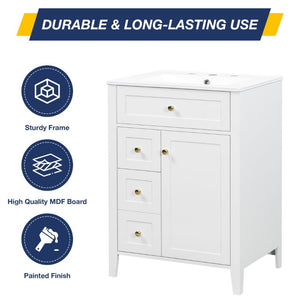 English Elm 24 Inch Freestanding Bathroom Vanity with Ceramic Sink Soft Close Cabinet Gold Handles White N725P452408K