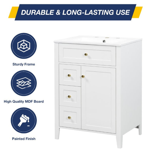 English Elm 24 Inch Freestanding Bathroom Vanity with Ceramic Sink Soft Close Cabinet Gold Handles White N725P452408K