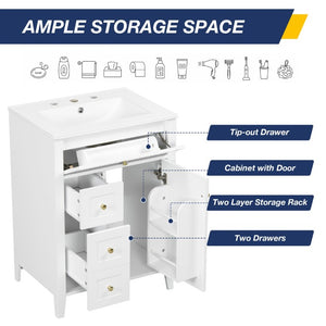 English Elm 24 Inch Freestanding Bathroom Vanity with Ceramic Sink Soft Close Cabinet Gold Handles White N725P452408K