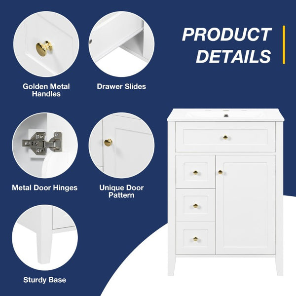 English Elm 24 Inch Freestanding Bathroom Vanity with Ceramic Sink Soft Close Cabinet Gold Handles White N725P452408K
