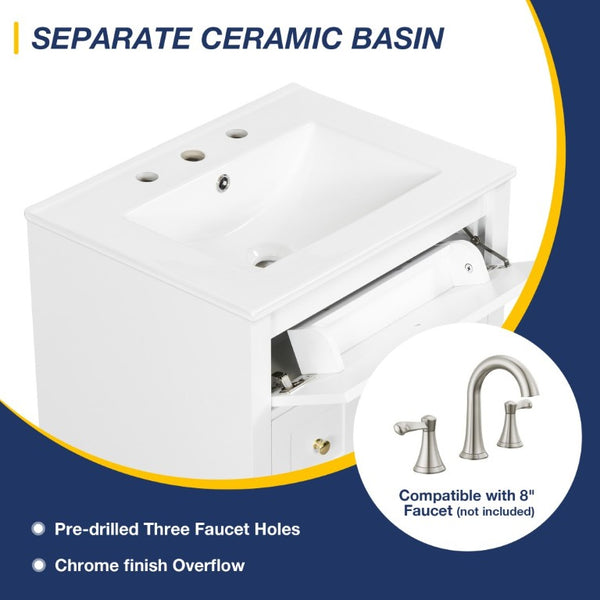 English Elm 24 Inch Freestanding Bathroom Vanity with Ceramic Sink Soft Close Cabinet Gold Handles White N725P452408K