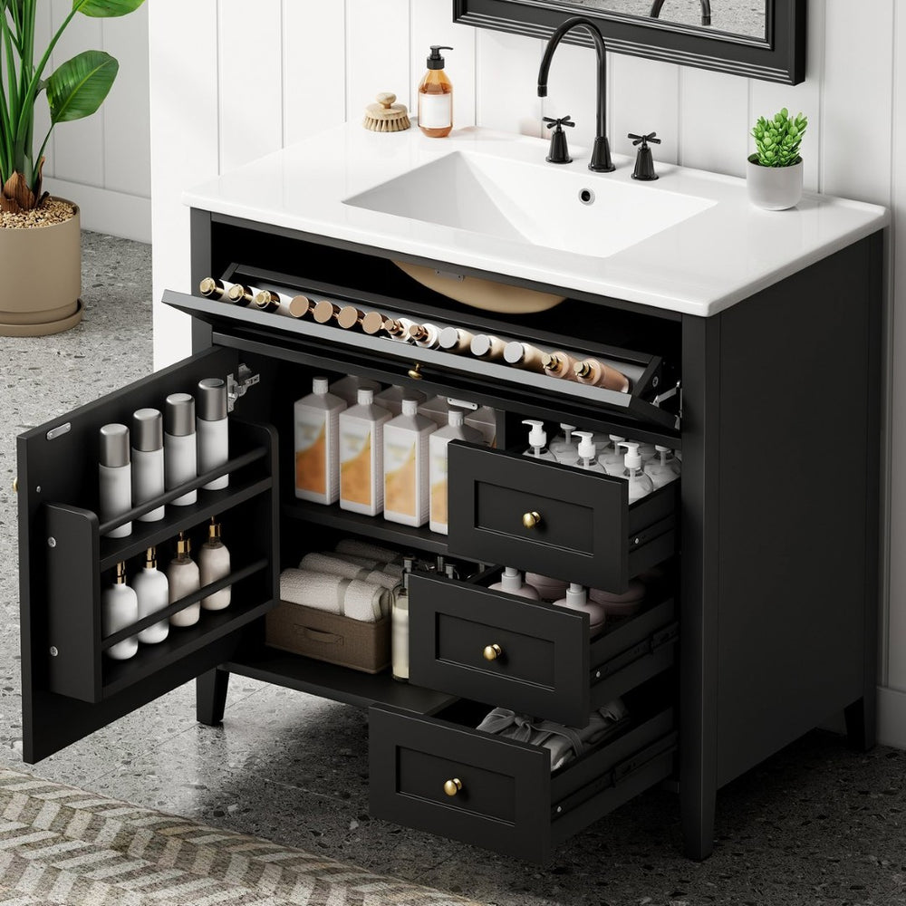 English Elm 36-Inch Freestanding Bathroom Vanity with Ceramic Sink MDF Cabinet and 3 Drawers Black N725P464930B