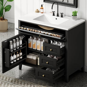 English Elm 36-Inch Freestanding Bathroom Vanity with Ceramic Sink MDF Cabinet and 3 Drawers Black N725P464930B