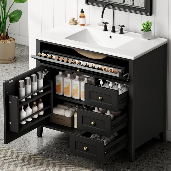 English Elm 36-Inch Freestanding Bathroom Vanity with Ceramic Sink MDF Cabinet and 3 Drawers Black N725P464930B