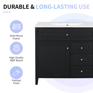 English Elm 36-Inch Freestanding Bathroom Vanity with Ceramic Sink MDF Cabinet and 3 Drawers Black N725P464930B