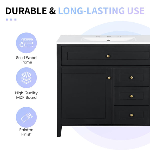 English Elm 36-Inch Freestanding Bathroom Vanity with Ceramic Sink MDF Cabinet and 3 Drawers Black N725P464930B