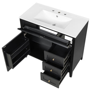 English Elm 36-Inch Freestanding Bathroom Vanity with Ceramic Sink MDF Cabinet and 3 Drawers Black N725P464930B