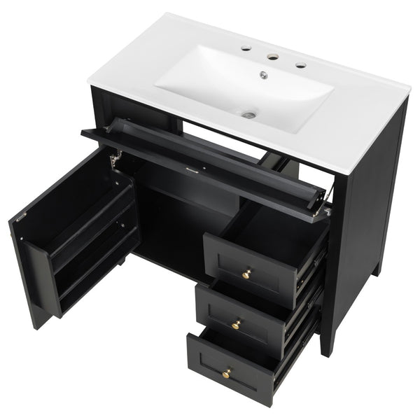 English Elm 36-Inch Freestanding Bathroom Vanity with Ceramic Sink MDF Cabinet and 3 Drawers Black N725P464930B