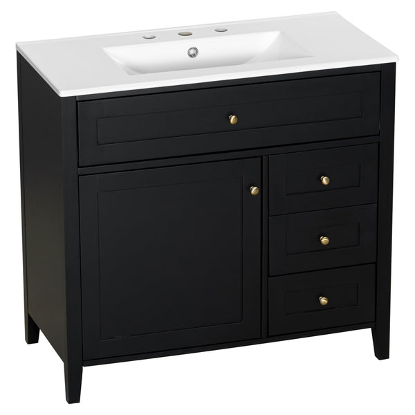 English Elm 36-Inch Freestanding Bathroom Vanity with Ceramic Sink MDF Cabinet and 3 Drawers Black N725P464930B