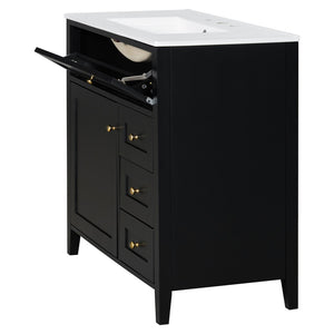 English Elm 36-Inch Freestanding Bathroom Vanity with Ceramic Sink MDF Cabinet and 3 Drawers Black N725P464930B