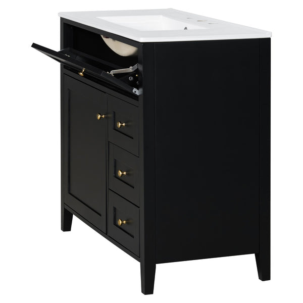 English Elm 36-Inch Freestanding Bathroom Vanity with Ceramic Sink MDF Cabinet and 3 Drawers Black N725P464930B