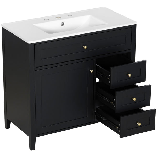 English Elm 36-Inch Freestanding Bathroom Vanity with Ceramic Sink MDF Cabinet and 3 Drawers Black N725P464930B