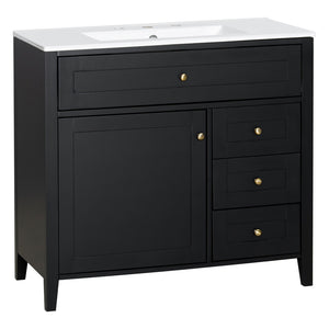 English Elm 36-Inch Freestanding Bathroom Vanity with Ceramic Sink MDF Cabinet and 3 Drawers Black N725P464930B