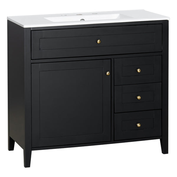 English Elm 36-Inch Freestanding Bathroom Vanity with Ceramic Sink MDF Cabinet and 3 Drawers Black N725P464930B