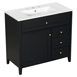 English Elm 36-Inch Freestanding Bathroom Vanity with Ceramic Sink MDF Cabinet and 3 Drawers Black N725P464930B