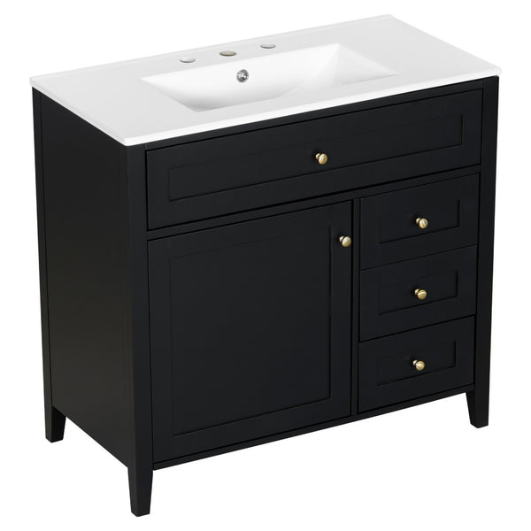 English Elm 36-Inch Freestanding Bathroom Vanity with Ceramic Sink MDF Cabinet and 3 Drawers Black N725P464930B