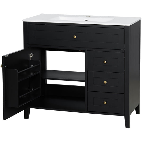 English Elm 36-Inch Freestanding Bathroom Vanity with Ceramic Sink MDF Cabinet and 3 Drawers Black N725P464930B