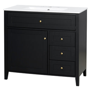 English Elm 36-Inch Freestanding Bathroom Vanity with Ceramic Sink MDF Cabinet and 3 Drawers Black N725P464930B