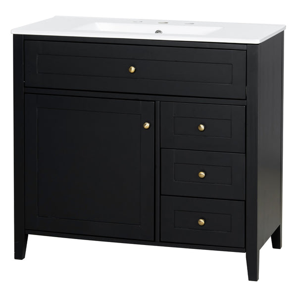 English Elm 36-Inch Freestanding Bathroom Vanity with Ceramic Sink MDF Cabinet and 3 Drawers Black N725P464930B