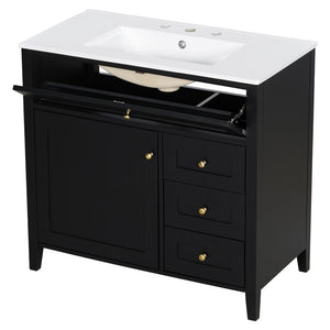 English Elm 36-Inch Freestanding Bathroom Vanity with Ceramic Sink MDF Cabinet and 3 Drawers Black N725P464930B