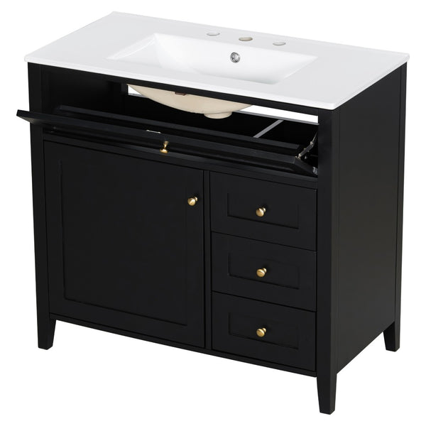 English Elm 36-Inch Freestanding Bathroom Vanity with Ceramic Sink MDF Cabinet and 3 Drawers Black N725P464930B