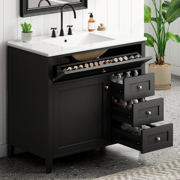 English Elm 36-Inch Freestanding Bathroom Vanity with Ceramic Sink MDF Cabinet and 3 Drawers Black N725P464930B