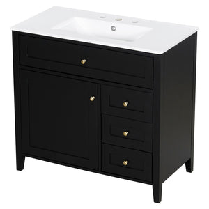 English Elm 36-Inch Freestanding Bathroom Vanity with Ceramic Sink MDF Cabinet and 3 Drawers Black N725P464930B