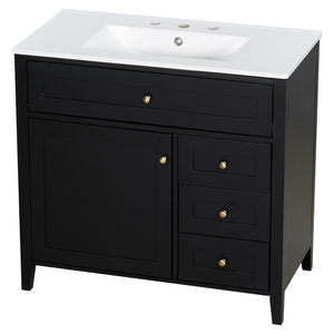English Elm 36-Inch Freestanding Bathroom Vanity with Ceramic Sink MDF Cabinet and 3 Drawers Black N725P464930B
