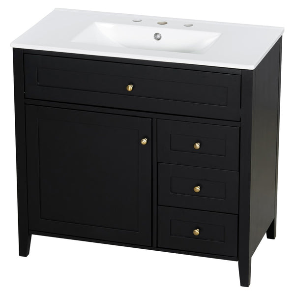 English Elm 36-Inch Freestanding Bathroom Vanity with Ceramic Sink MDF Cabinet and 3 Drawers Black N725P464930B