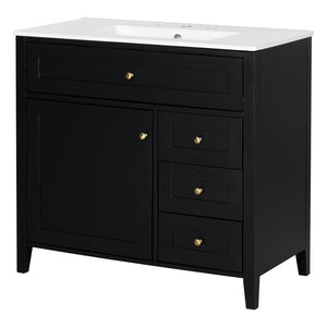 English Elm 36-Inch Freestanding Bathroom Vanity with Ceramic Sink MDF Cabinet and 3 Drawers Black N725P464930B